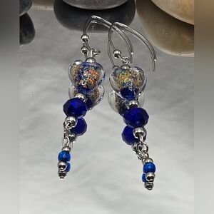 Elegant Handmade Opal Glass Heart & Royal Blue Faceted Crystal Dangle Earings